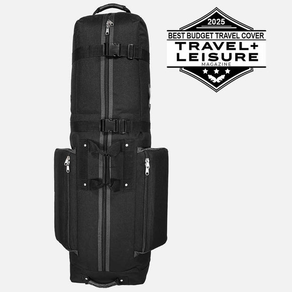 Black travel bag with multiple zippers on a white background, featuring the Travel + Leisure magazine logo.