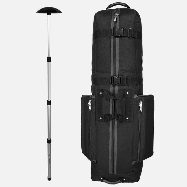 Black golf bag with a golf club on a white background
