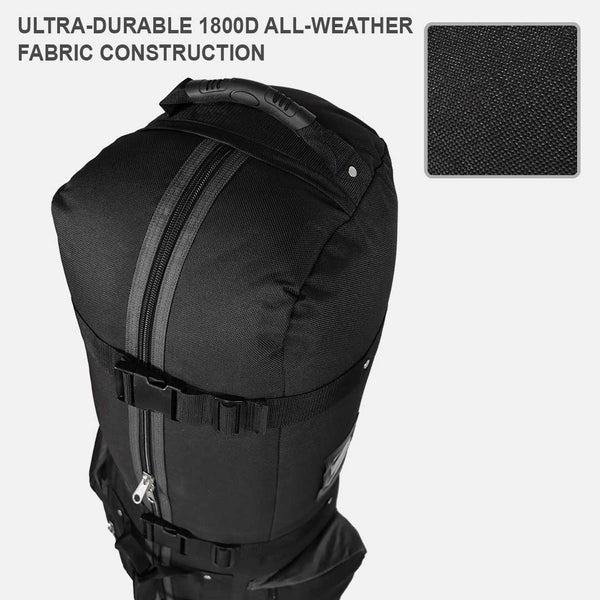 Black backpack with text about ultra-durable 1800D all-weather fabric construction.