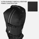Black backpack with text about ultra-durable 1800D all-weather fabric construction.