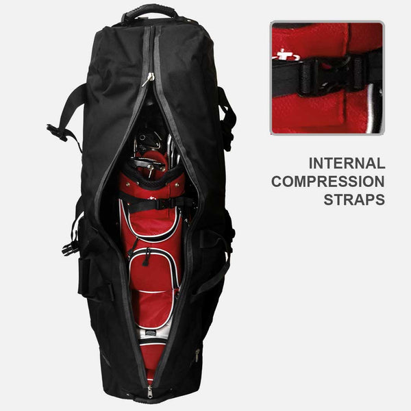 Black golf bag with red interior and internal compression straps, showing a close-up inset of the straps.