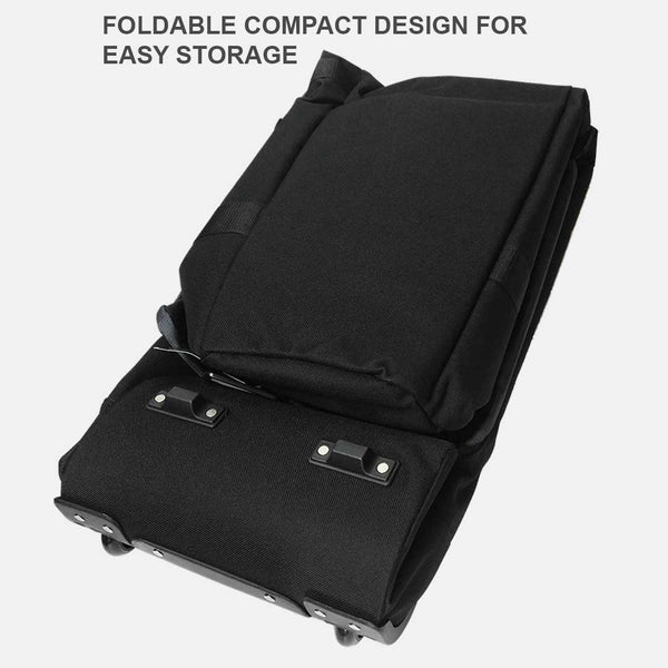 Black suitcase with wheels on a white background, featuring text 'Foldable compact design for easy storage'.
