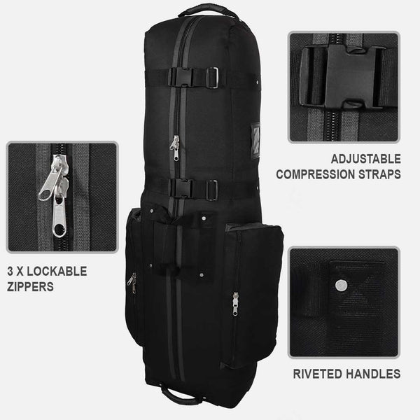 Black travel bag with features highlighted on a white background