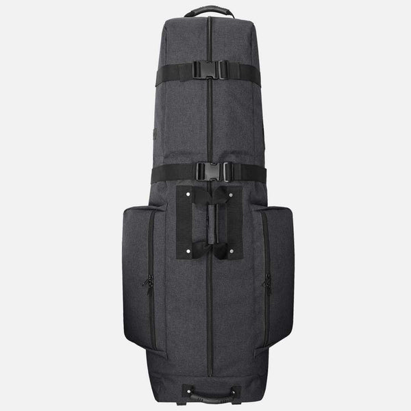 Gray travel bag with black straps on a white background