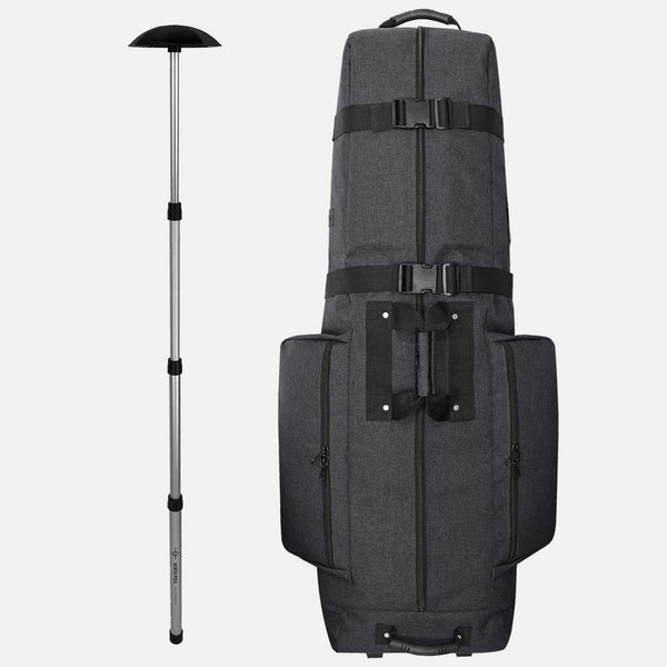 Gray golf bag with black straps and a golf club on a white background