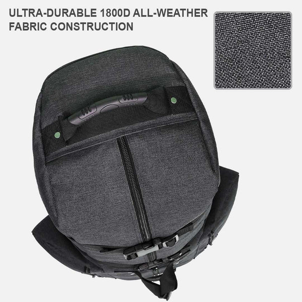 Gray backpack with text about ultra-durable 1800D all-weather fabric construction.