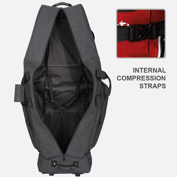 Gray backpack with open design showing internal compression straps, inset image of red interior.