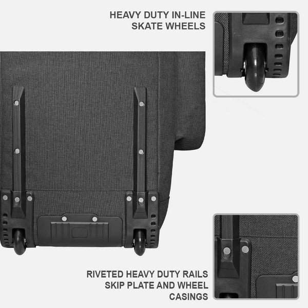 Black rolling cart with heavy-duty in-line skate wheels and riveted heavy-duty rails.