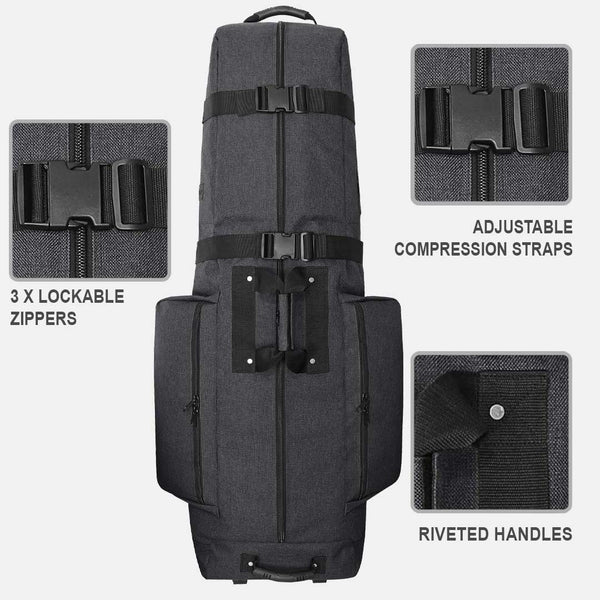 Black travel bag with features highlighted on a white background