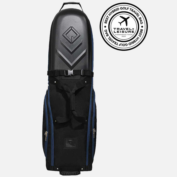 Black golf travel bag with a badge on a white background