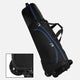 Black golf bag with blue zippers on a white background