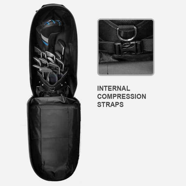 Black bag with internal compression straps and close-up inset on a white background