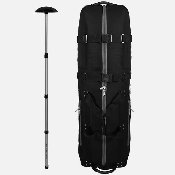 Black golf bag with a golf club attached on a white background