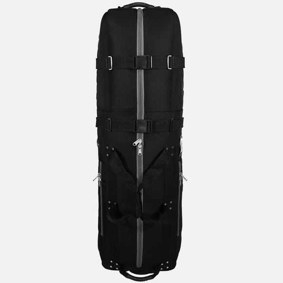 Black travel bag with multiple straps and zippers on a white background