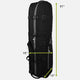 Black travel bag with measurements on a white background