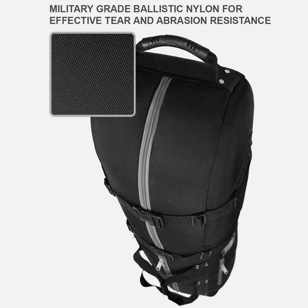 Black backpack with military grade ballistic nylon highlighting tear and abrasion resistance.