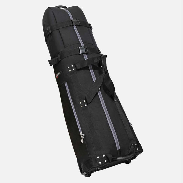 Black golf bag with silver zippers on a white background