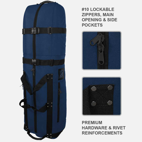 Blue travel bag with black zippers and hardware on a white background