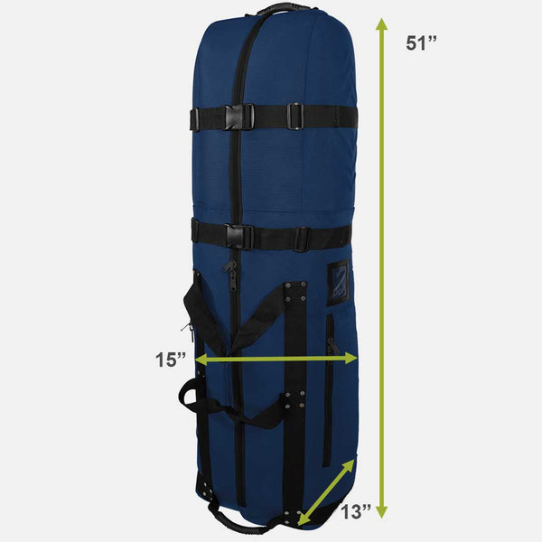 Blue travel bag with measurements on a white background