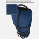 Blue backpack with black straps and military grade ballistic nylon text on a white background