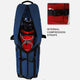 Blue golf bag with red golf club head cover and internal compression straps highlighted.