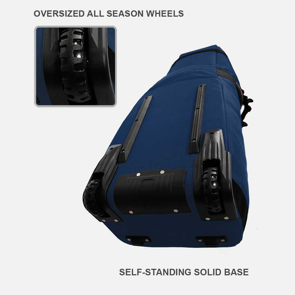 Blue duffel bag with oversized all-season wheels on a white background