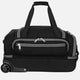 Black rolling duffel bag with gray zippers on a white background