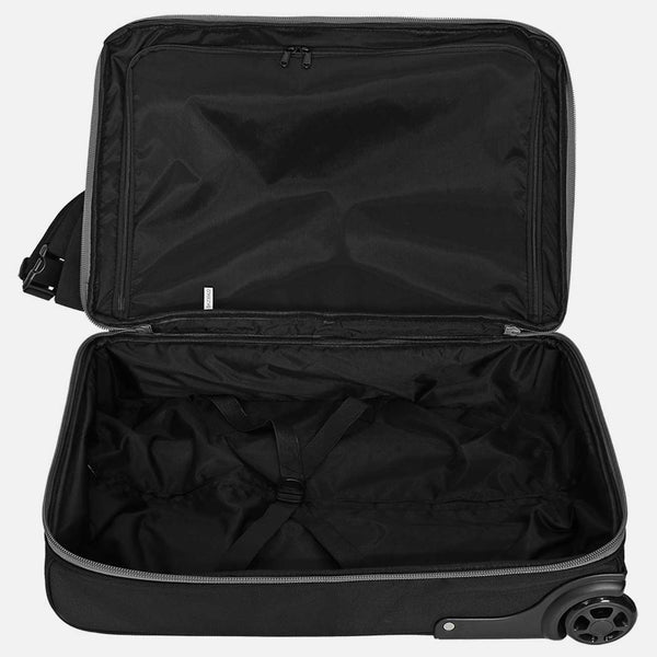 Black open suitcase on a white background