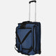 Blue suitcase with black straps on a white background