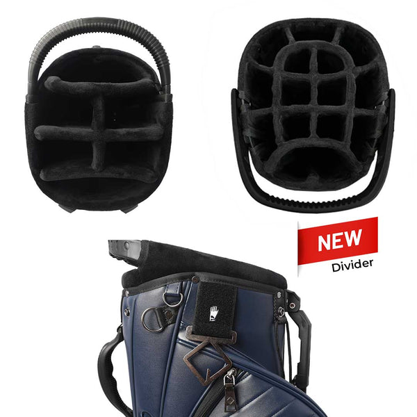 Black golf club divider with a blue golf bag and 'NEW' label on a white background