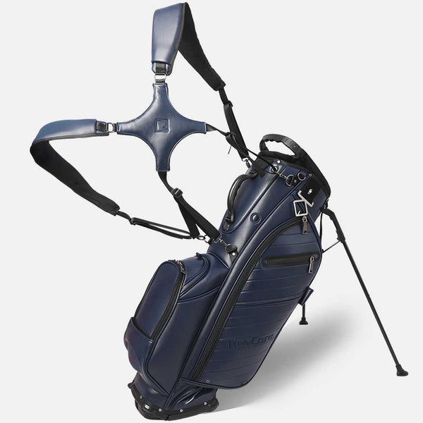 Navy blue golf bag with stand on a white background