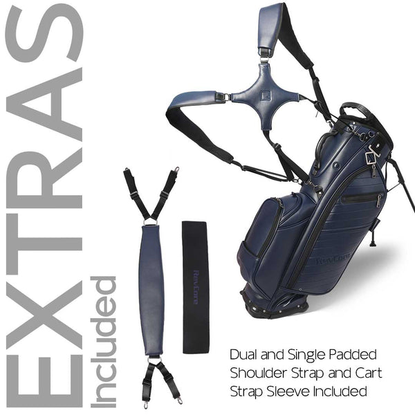 Navy blue golf bag with shoulder strap and cart strap sleeve on a white background