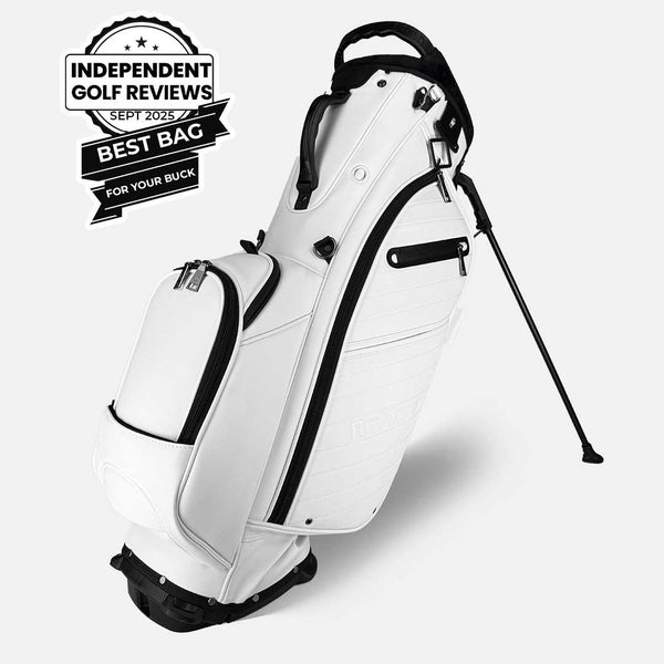 White golf bag with black accents on a light gray background, featuring an 'Independent Golf Reviews' Best Bag for Your Buck badge.