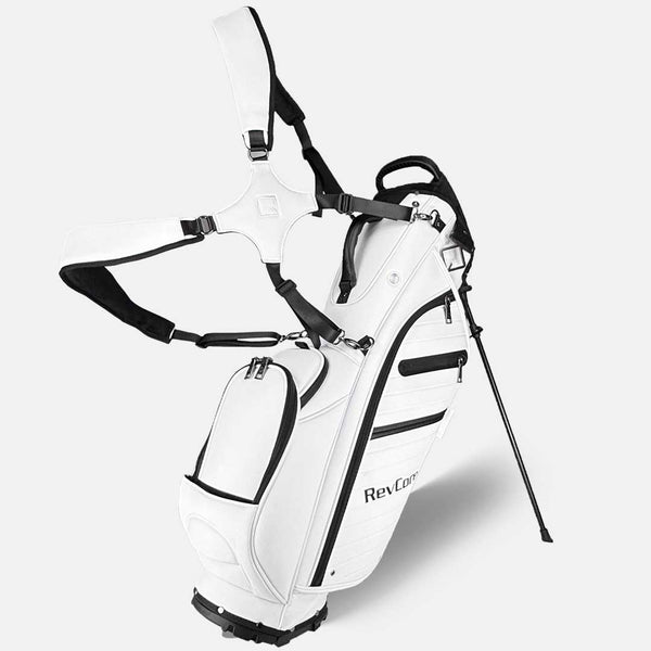 White golf bag with black accents on a white background