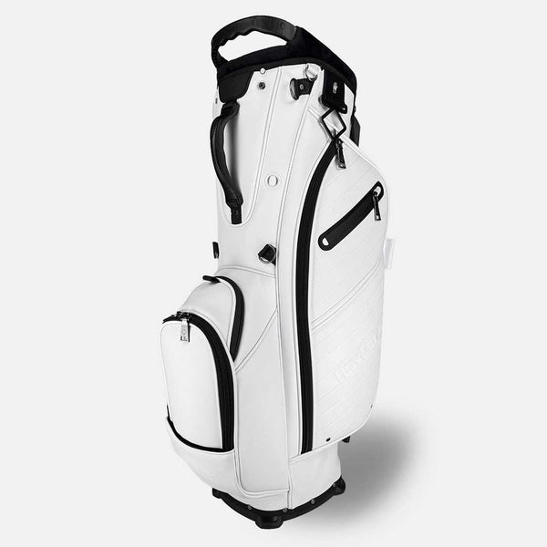 White golf bag with black accents on a white background