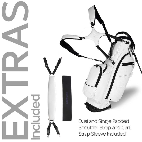 White golf bag with shoulder strap and cart strap sleeve on a white background