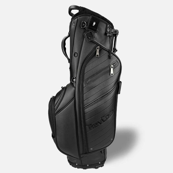 Black golf bag with 'Rev' branding on a white background