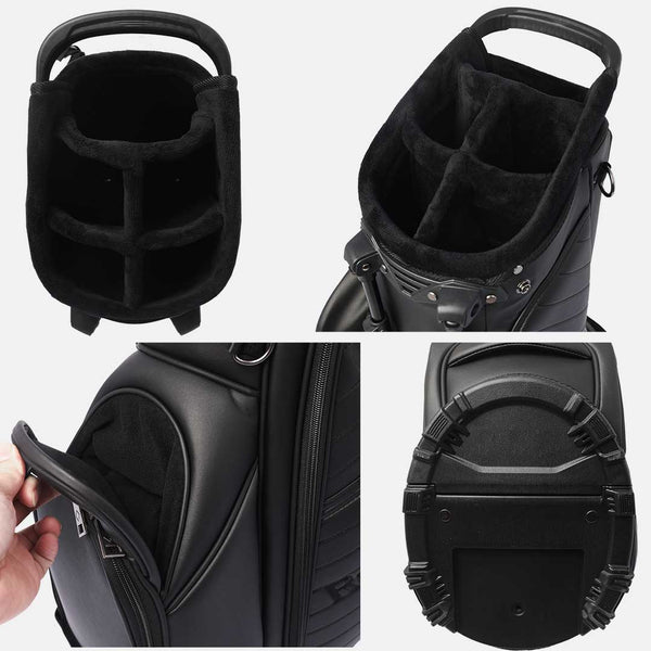 Black golf bag with multiple compartments and features on a white background