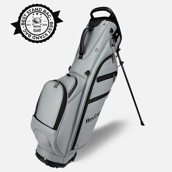 Gray golf bag with black accents on a white background, featuring the brand 'RevCore'.