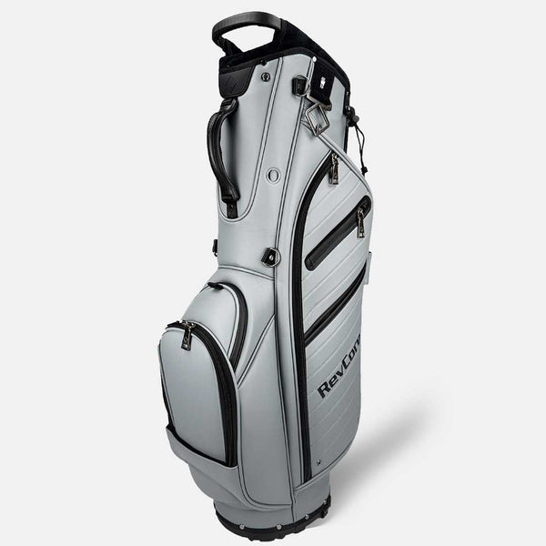 Gray golf bag with black accents on a white background