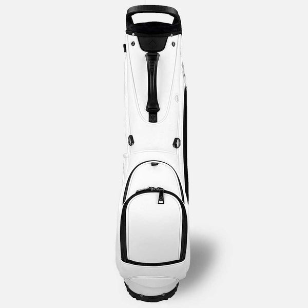 White golf bag with black accents on a white background