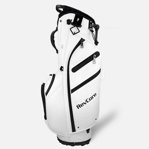 White golf bag with black accents and 'RevCore' branding on a light gray background