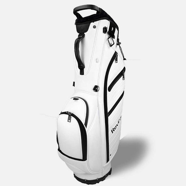 White golf bag with black accents on a white background