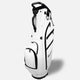 White golf bag with black accents on a white background