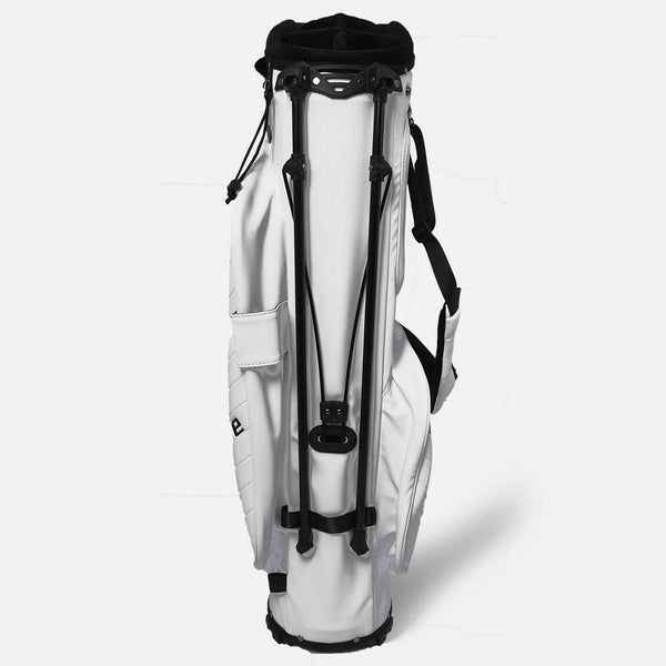 White golf bag with black straps on a white background