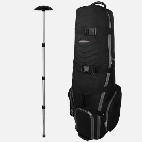 Black golf bag with a stand on a white background