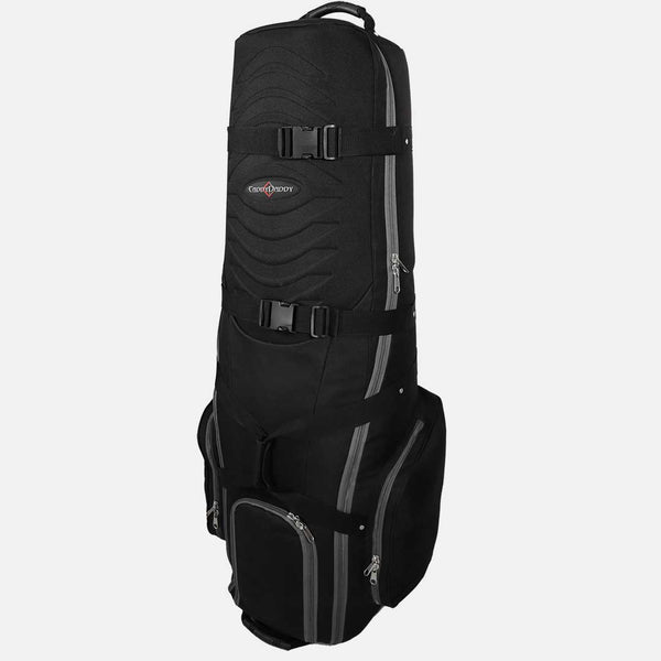 Black golf bag with a visible brand logo on a white background