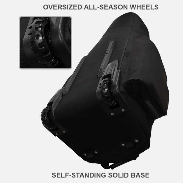 Black oversized all-season wheel with self-standing solid base on a white background