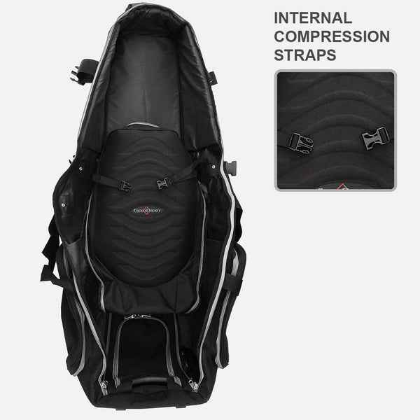 Black backpack with internal compression straps feature on a white background