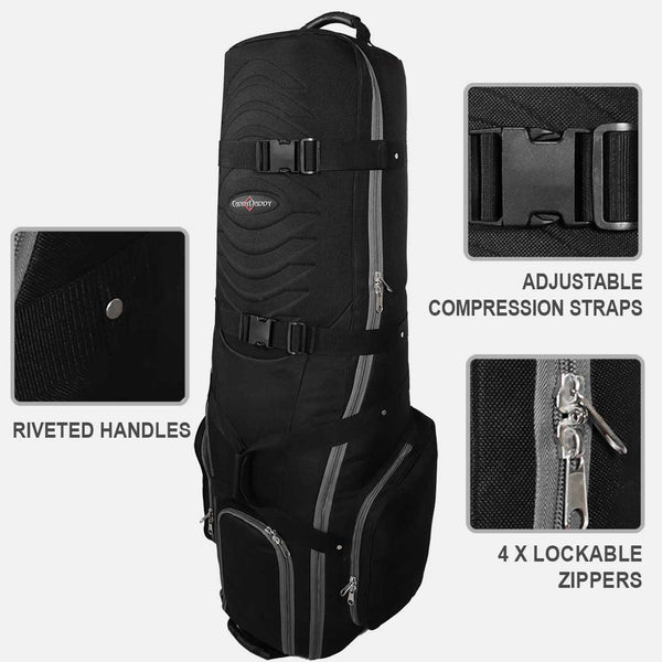 Black golf bag with features highlighted on a white background